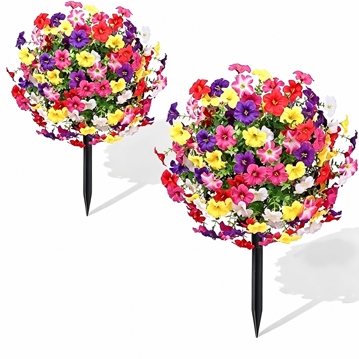 Yastouay 2 Packs Artificial Flowers Topiary Balls with Ground Spikes,23 Inch UV Resistant Faux Boxwood with Petunias Flowers for Outdoor Garden Decor(Mixed Purple)