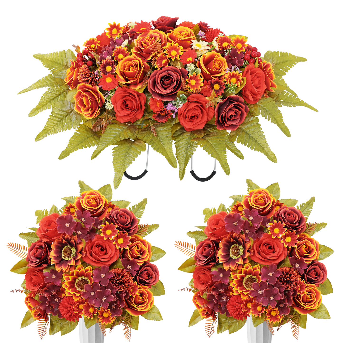 Yastouay Artificial Cemetery Flowers for Grave, 2 Sets Realistic Silk Memorial Flowers Bouquet with Vase and 1 Set Headstone Flower Saddle for Grave Decoration