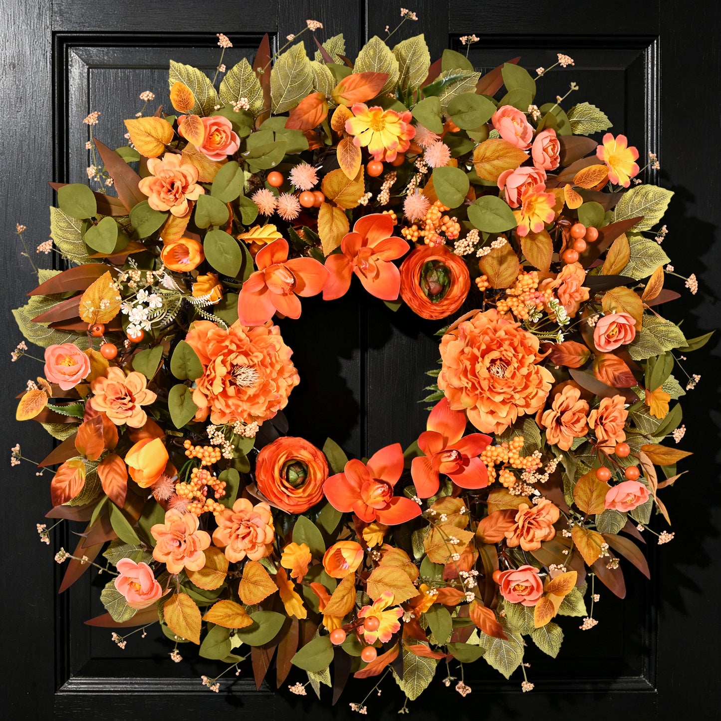 Yastouay 26" Flower Wreaths for Front Door, Fall Silk Rose Magnolia Door Wreath for Farmhouse Porch Thanksgiving Harvest Home Decor