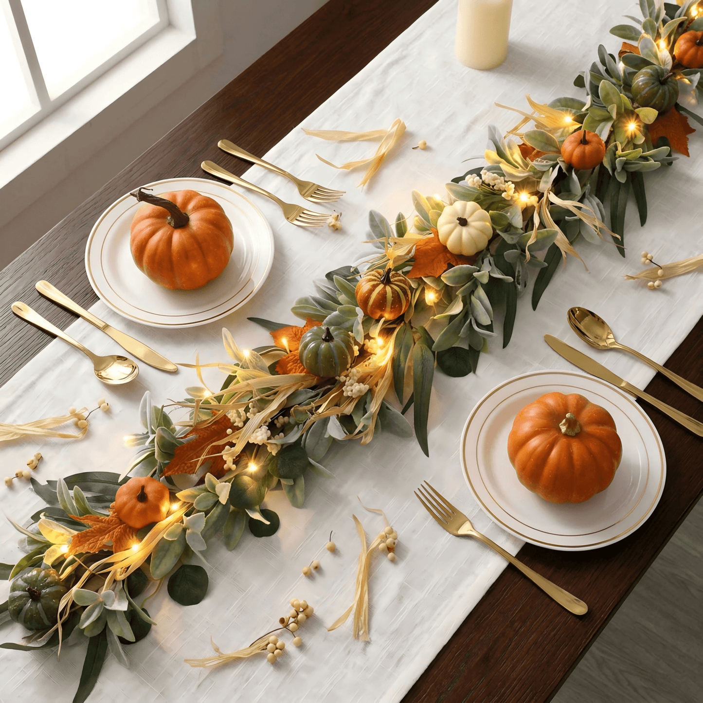 Yastouay 6 FT Fall Garland with Light, Fall Decorations with Faux Lamb's Ear Pumpkins for Home Porch Fireplace