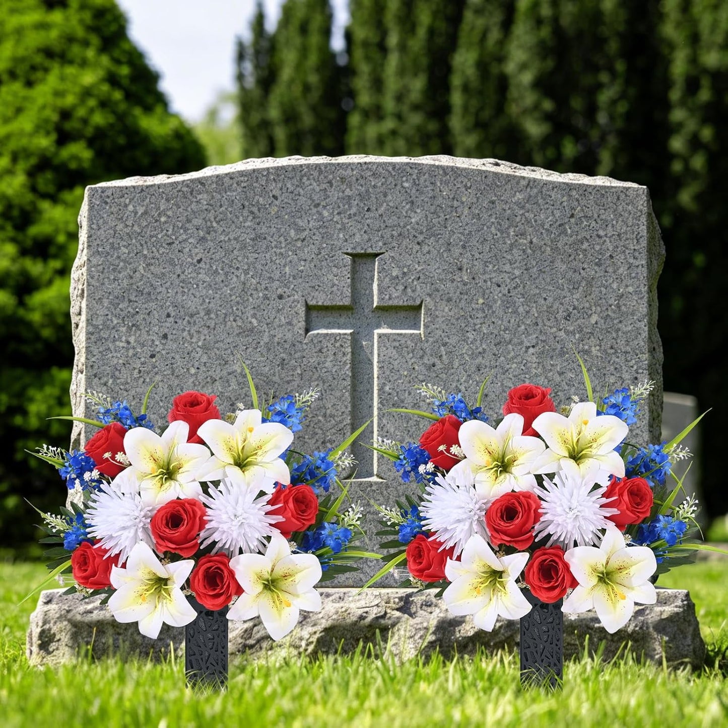 Yastouay Set of 2 Artificial Cemetery Flowers with Vase, Rose Lily Bouquet Memorial Day Flowers with 2 American Flag