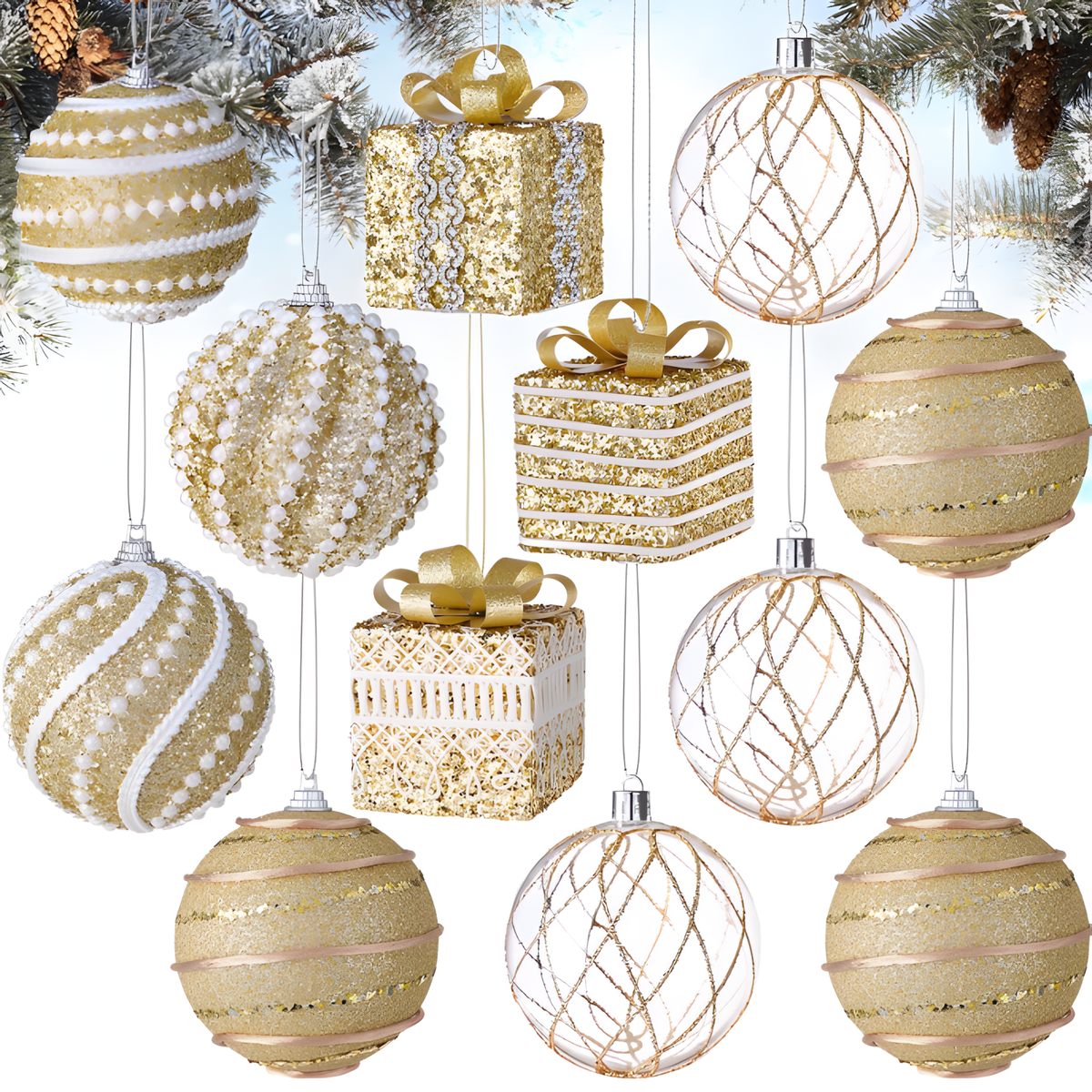 Yastouay 12 Pcs Champagne Christmas Ornaments Set,3.15inch Shatterproof Ornaments Glitter Christmas Ball Hanging Xmas Tree for Christmas Decorations