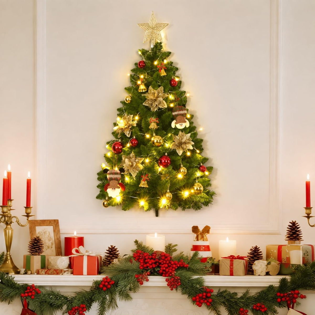 Lyacmy 3 FT Wall Christmas Tree with Lights, Half Chrismas Tree for Wall Xmas Indoor Home Christmas Decorations