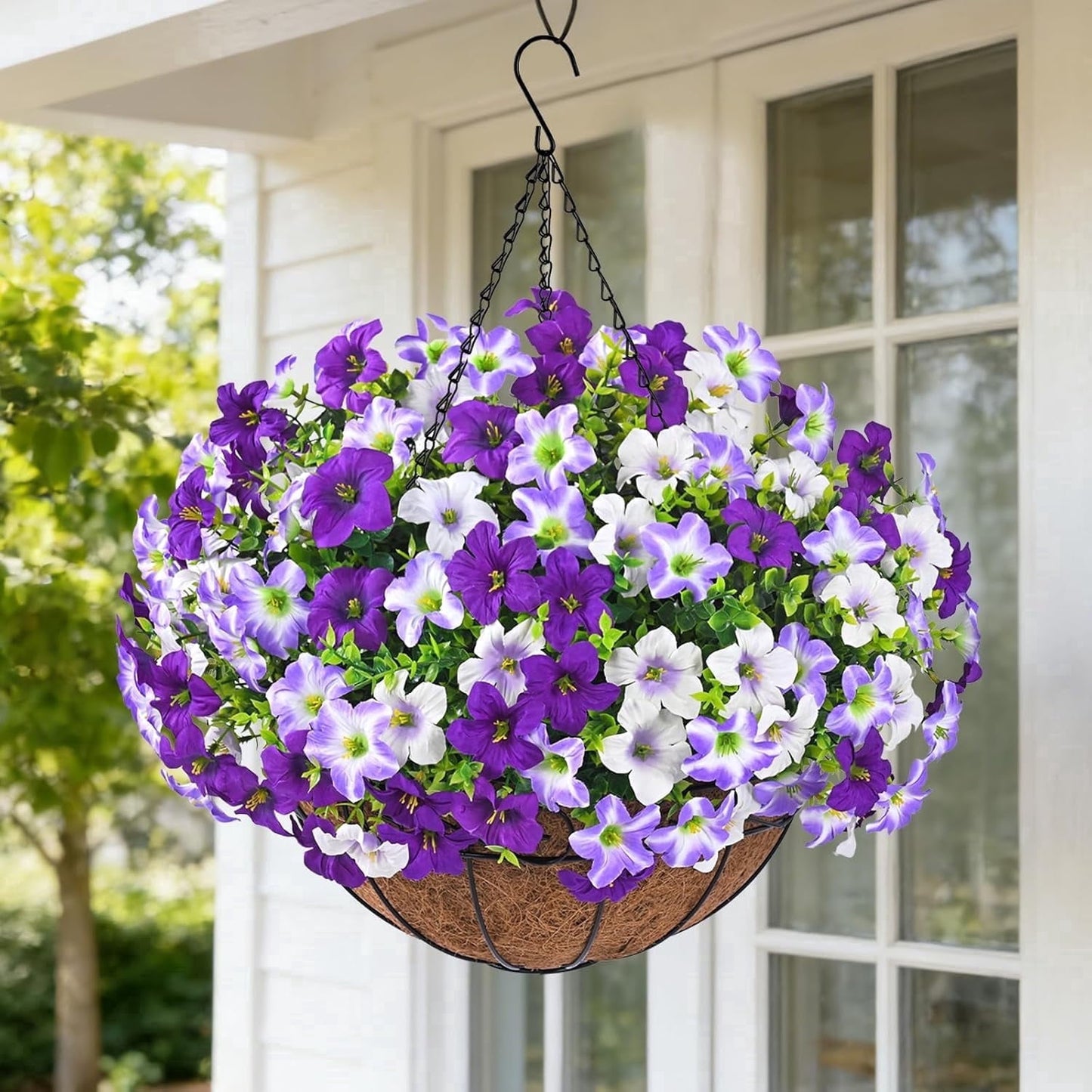 Lyacmy Artificial Hanging Flowers in Basket for Outdoor, UV Resistant Fake Petunias with Eucalyptus Leaves with 20Inch Coconut Lining Chain Flowerpot