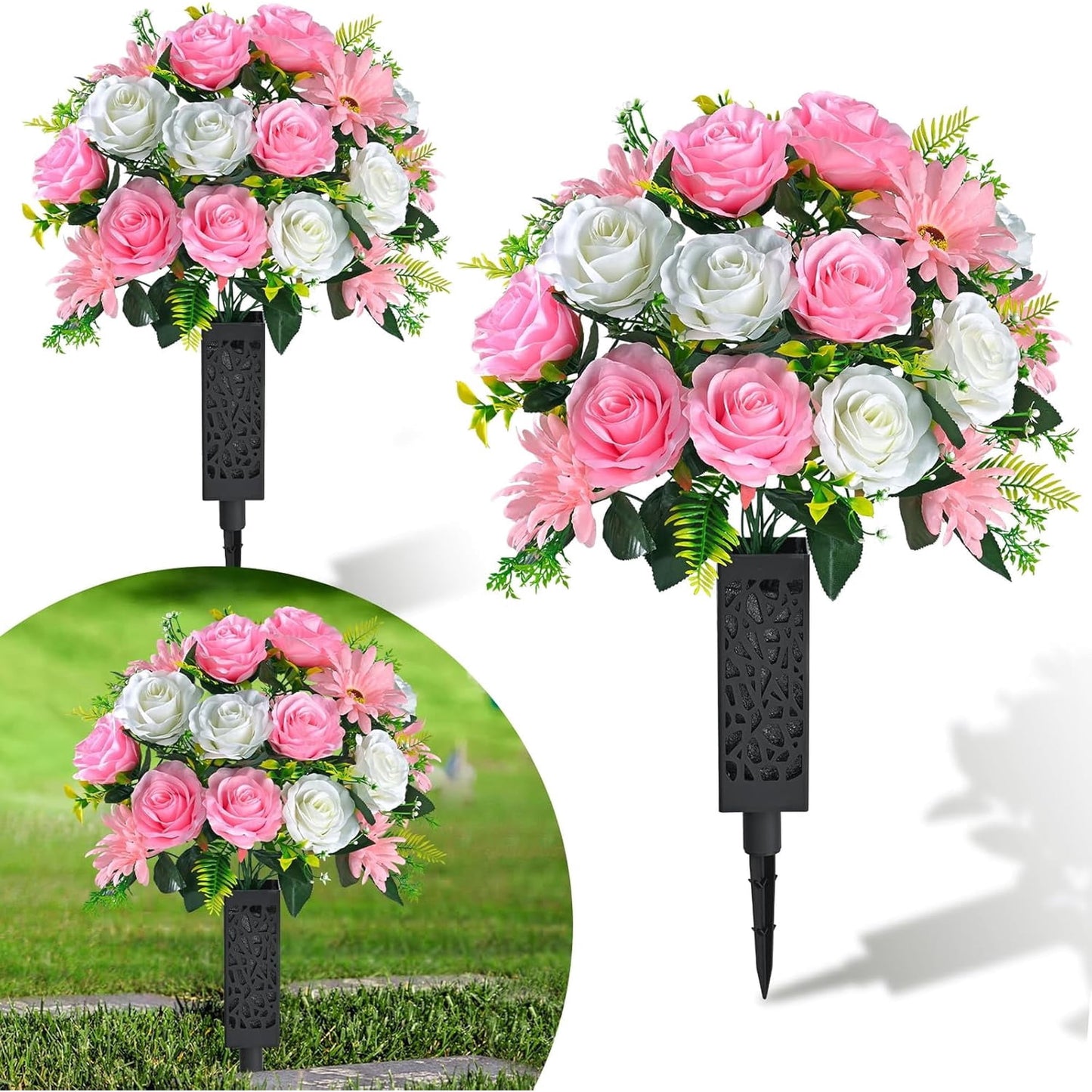 Lyacmy Artificial Cemetery Flowers, Memorial Day Flowers for Cemetery Outdoor Grave Headstones Decorations