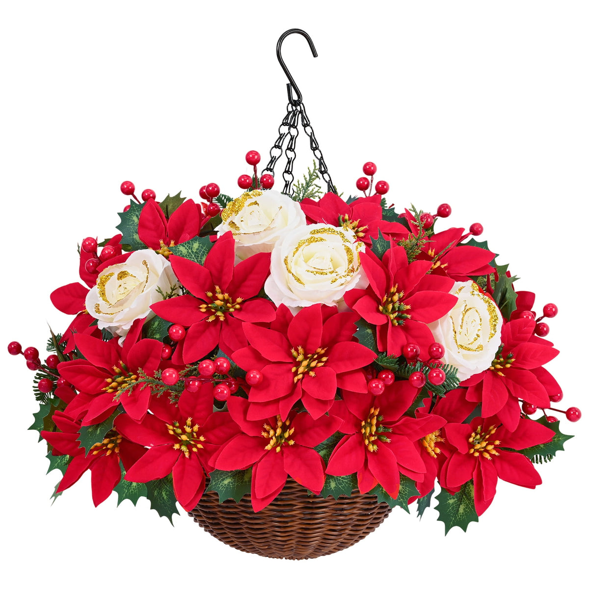Lyacmy Red Artificial Poinsettias for Outdoors Christmas Flower Decorations, UV Resistant Fake Hanging Poinsettias with Basket Christmas Porch Decor