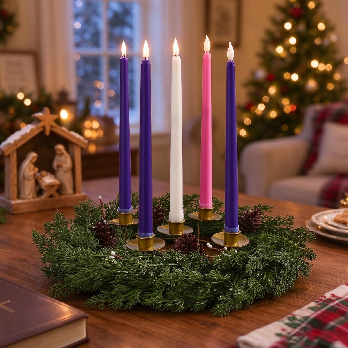 Lyacmy Christmas Advent Wreath with Candle Holder, Red Berry Candle X-mas Decorations Centerpiece Decoration for Nativity Rustic Indoor Home Church