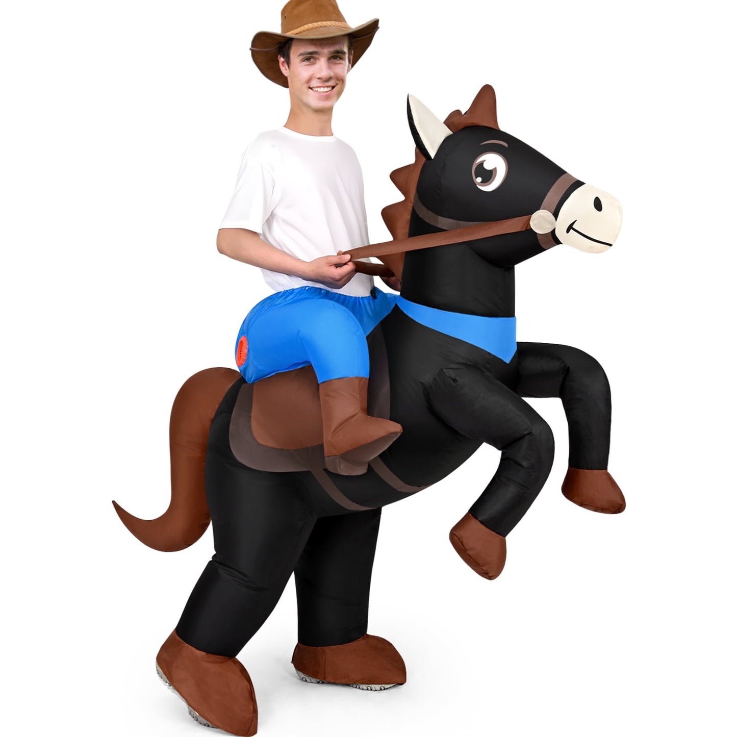 Lyacmy Inflatable Costume Adult Ride On Horse Costumes Cowboy Air Blow Up Funny Riding Horse Suit for Men Women Halloween