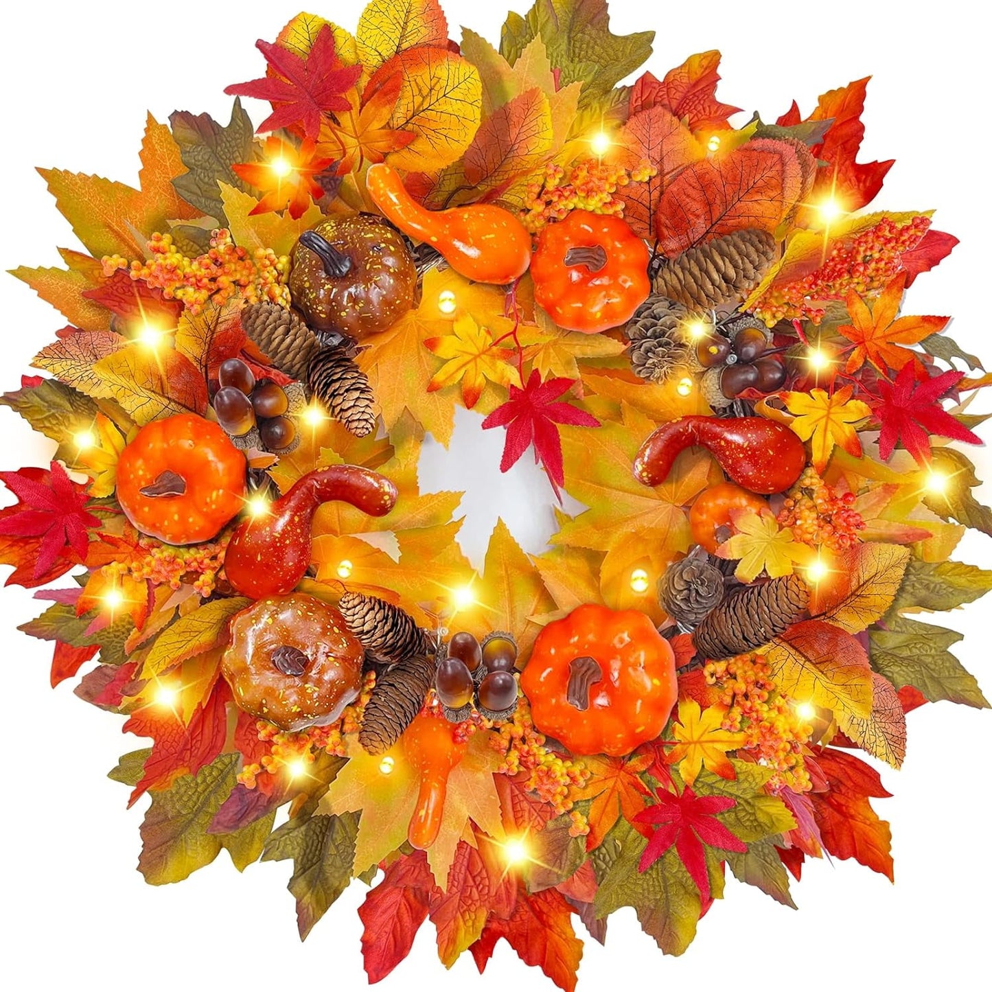 Lyacmy Lighted Fall Wreaths for Front Door, Autumn Pumpkins Maple Leaf Wreath with Pine Cones Wall Thanksgiving Fall Decorations