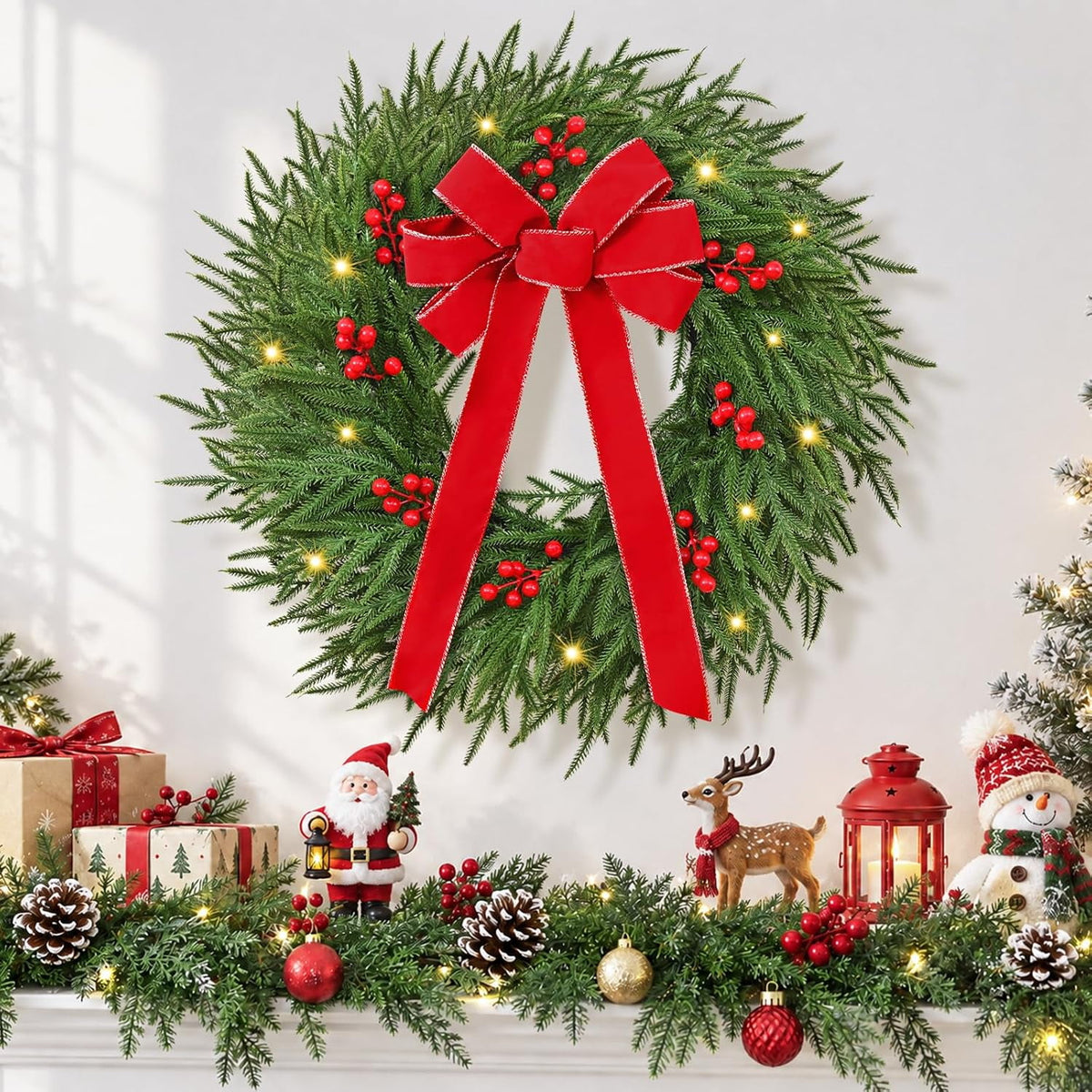 Lyacmy 26 Inch Lighted Norfolk Pine Christmas Wreaths for Front Door, Large Xmas Door Wreath with Red Bow and