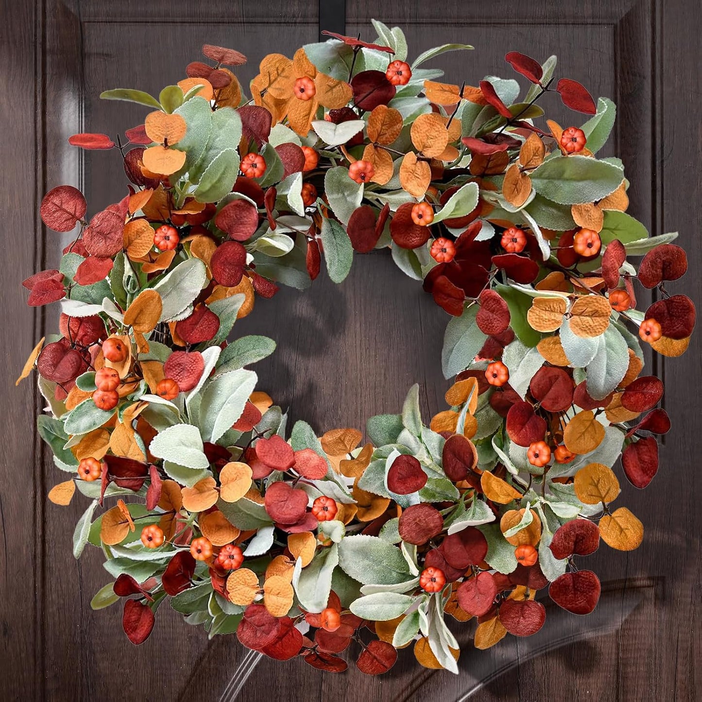 Yastouay 22" Fall Wreath for Front Door, Autumn Door Wreath with Eucalyptus Lambs Ears Leaves for Harvest Thanksgiving Home Fall Decor