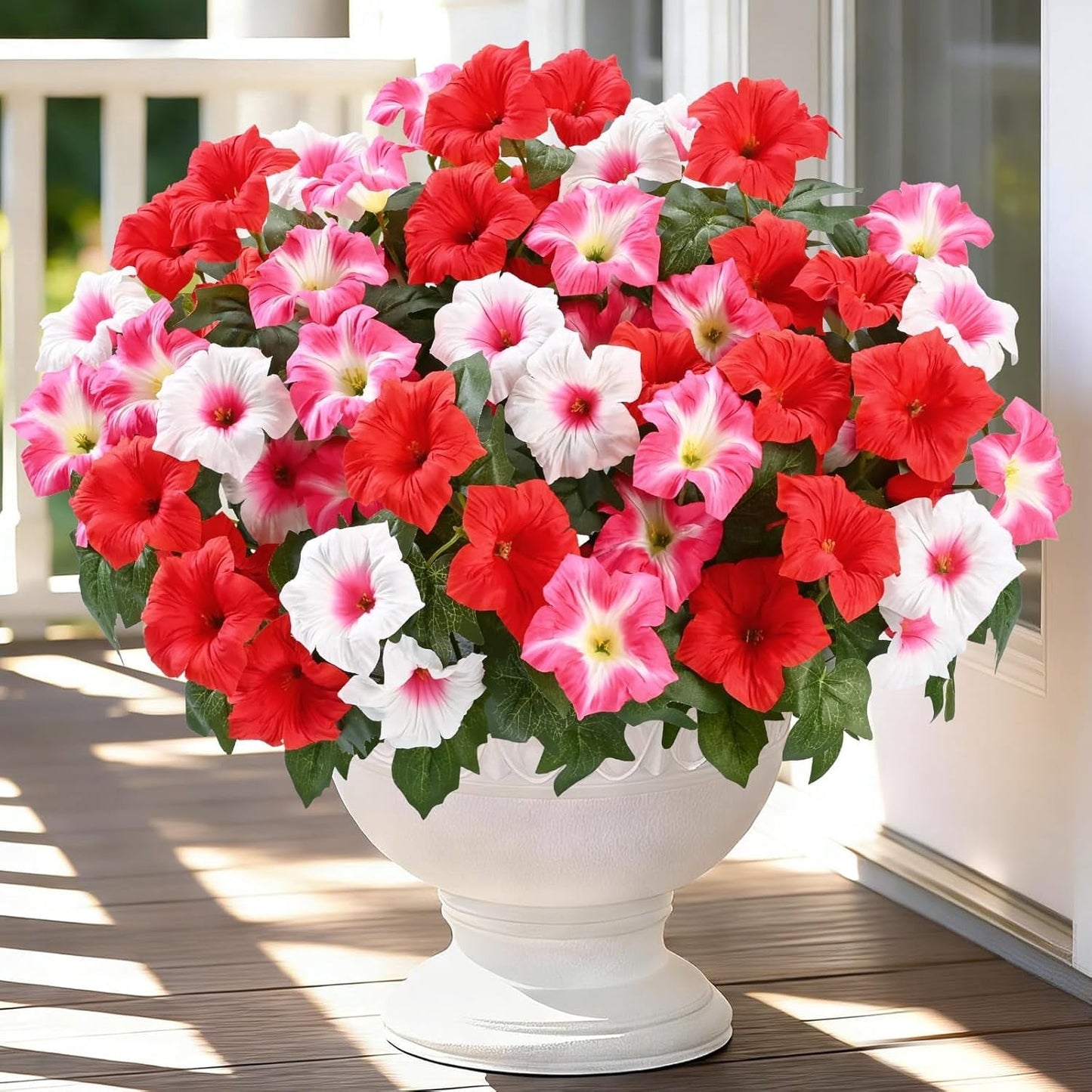 Yastouay Artificial Fake Flowers for Outdoor,4 Pcs No Fade Faux Petunias,UV Resistant Realistic Silk Flowers,for Garden Balcony Yard Porch Deco,Purple/White