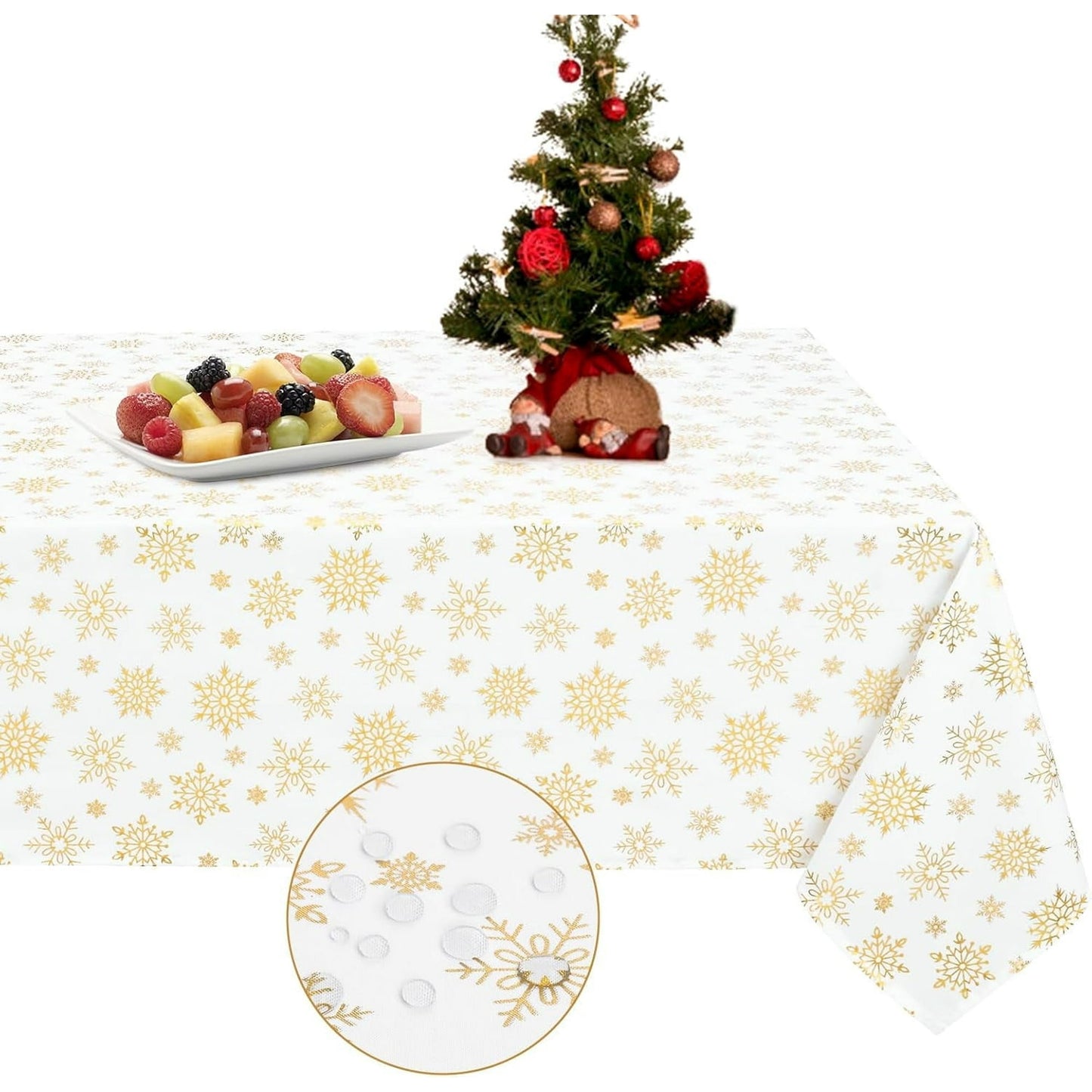 Sevenstars Christmas Tablecloth Gold Snowflake Table Cloth White Rectangle Table Cover for Dinner Party, 60" x 84"
