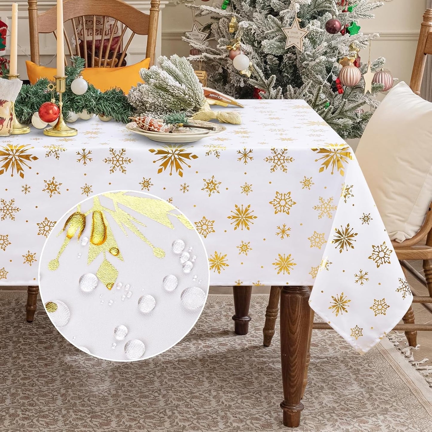 Sevenstars Gold Snowflake Tablecloth Christmas Tablecloth White Square Table Cover for Dinner Party, 55" x 55"