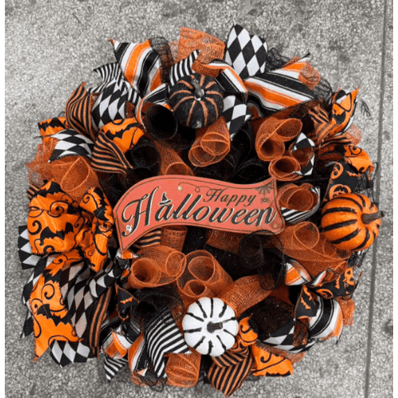 Yastouay Halloween Wreath Silk Wreath with Pumpkins Happy Halloween Wooden Sign Orange Black for Front Door Decor