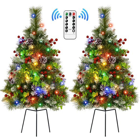 Yastouay 2Pcs 14" Pre‑Lit Artificial Christmas trees with Light fake plants with spikes Pine Cones Red Berries for Yard Porch Driveway Holiday Decor