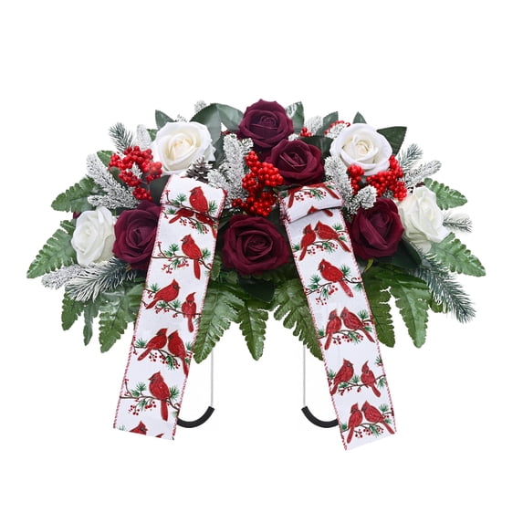 Yastouay Christmas Artificial Cemetery Flowers for Grave Silks Rose with Cemetery Saddle for Headstone