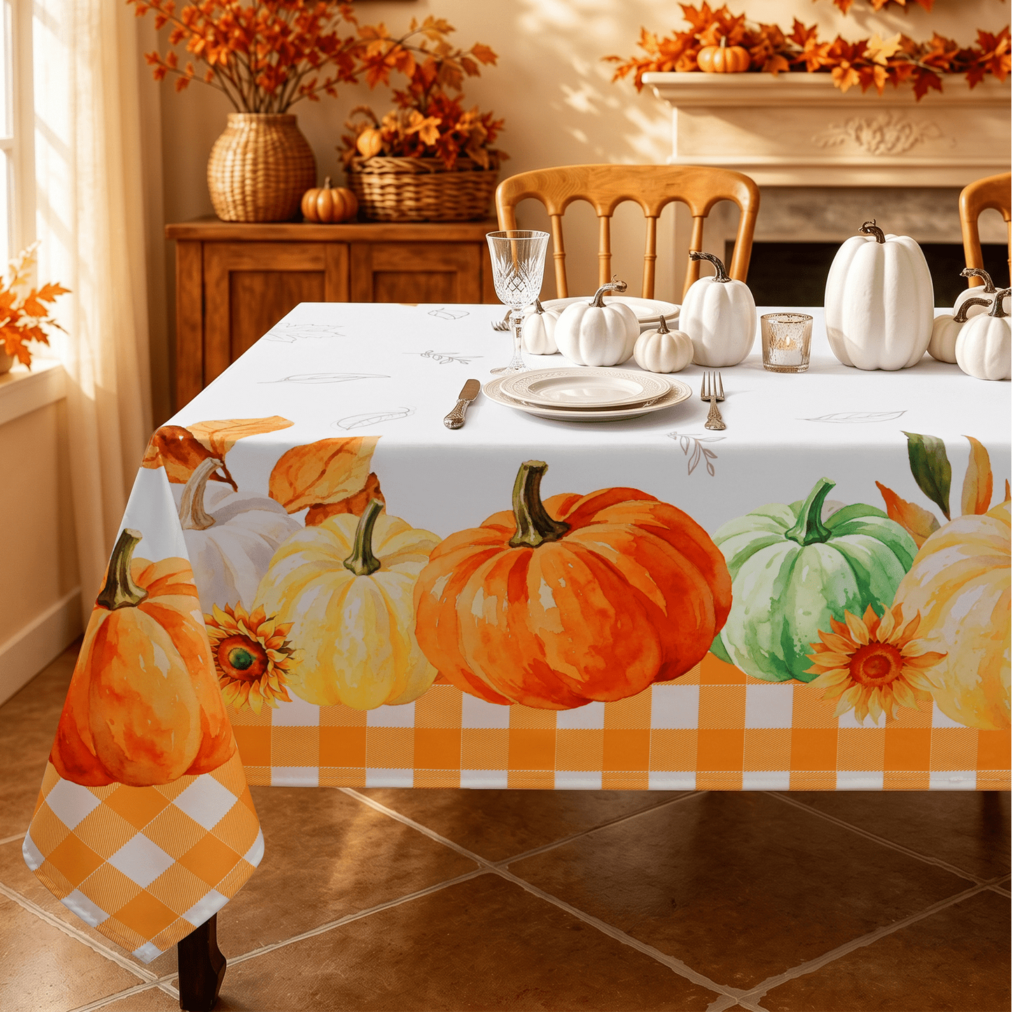 Yastouay Fall Tablecloth,Sunflower Rectangle Tablecloth ,Brown Plaid Table Cover Autumn Thanksgiving Harvest Fall Kitchen Home Decor(60"×84")