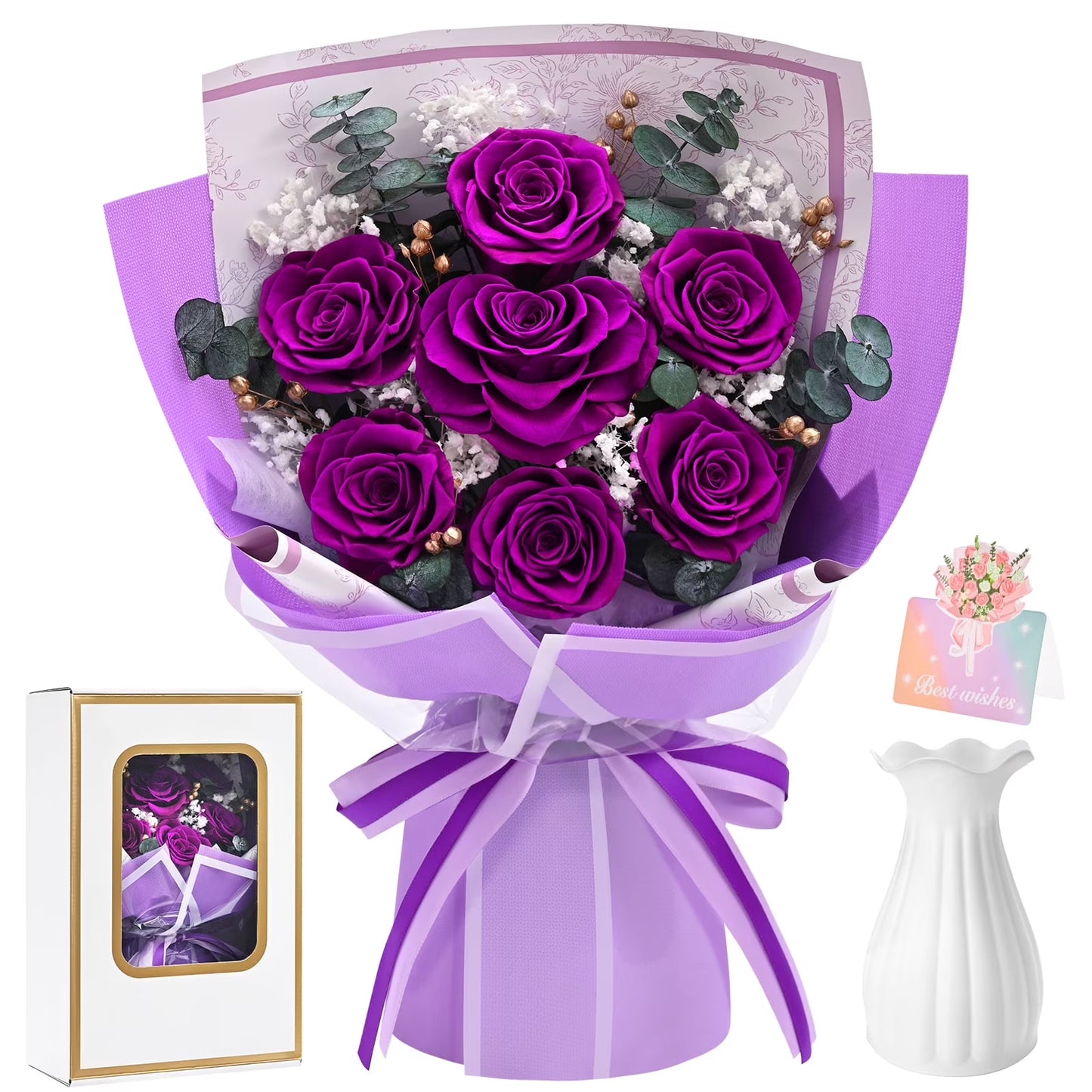 Yastouay 7 Pcs Preserved Roses Bouquet Gifts for Mom, Red Eternal Flowers for Mother's Day Gift, Real Long-Lasting Flower for Women