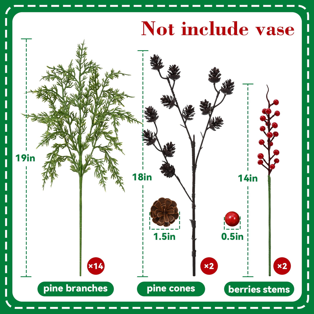 Yastouay 18pcs Artificial Cedar Stems,Christmas Fake Pine Branches with Pine Cones and Red Berries for Vases DIY Garland Xmas Decor