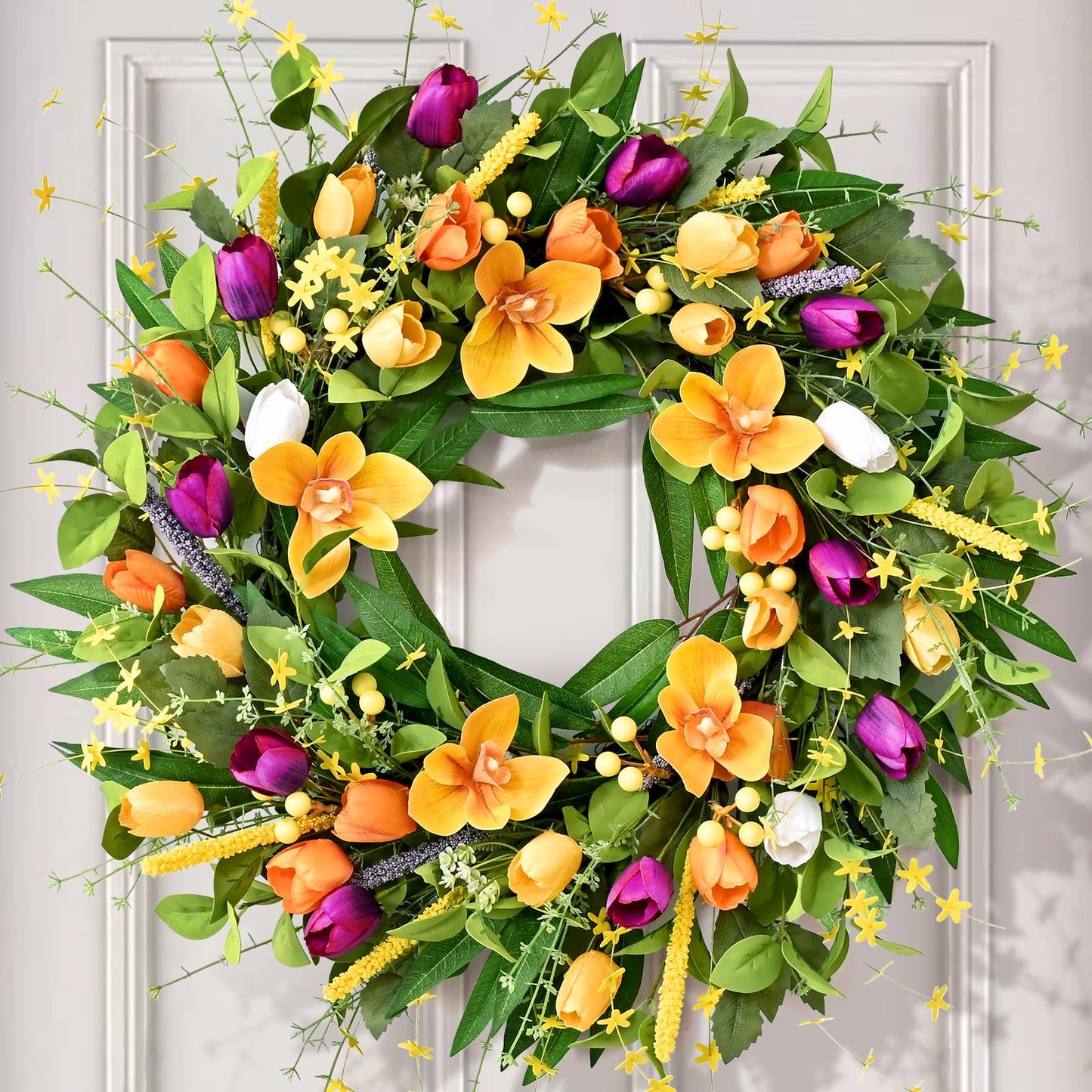 Yastouay 24 inch Spring Wreaths for Front Door, Artificial Tulip Summer Door Wreath for Farmhouse Home Porch Decor