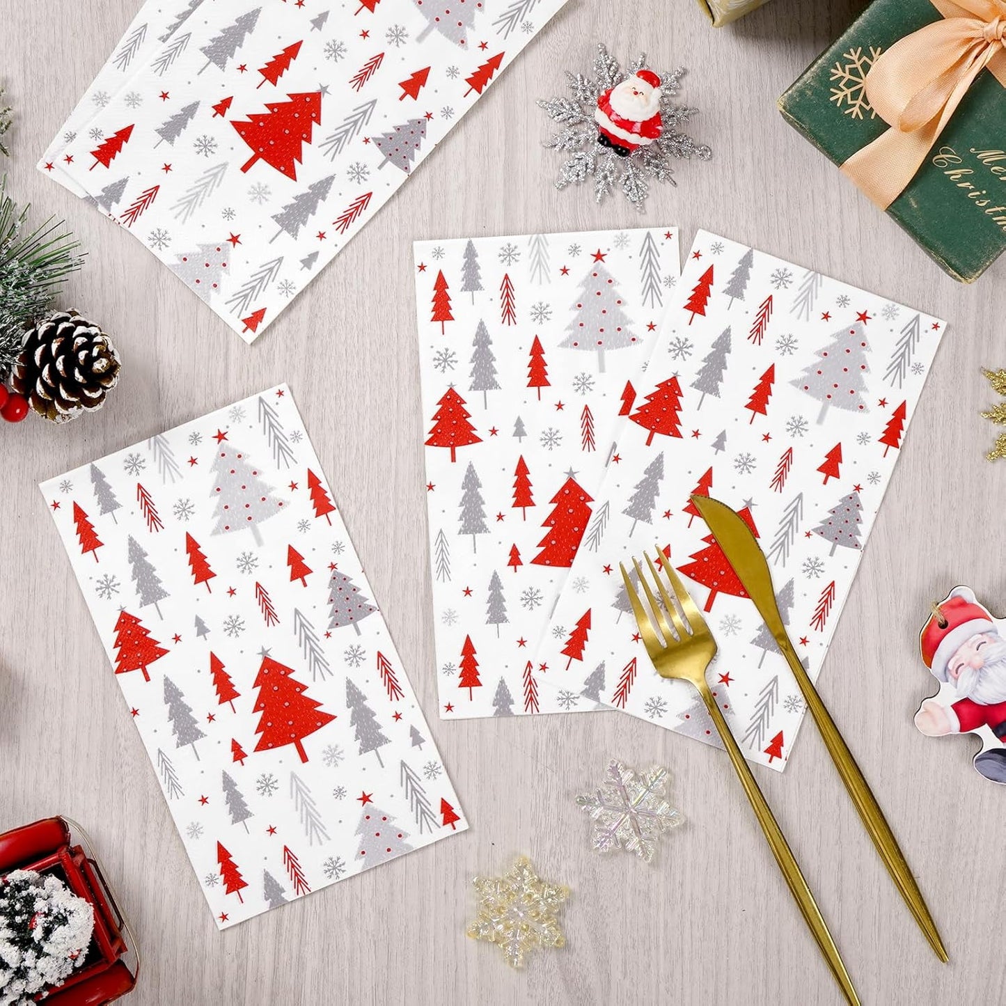 Waipfaru 100 PCS Christmas Paper Napkins 3-Ply Christmas Tree Disposable Napkins for Xmas Winter Holiday