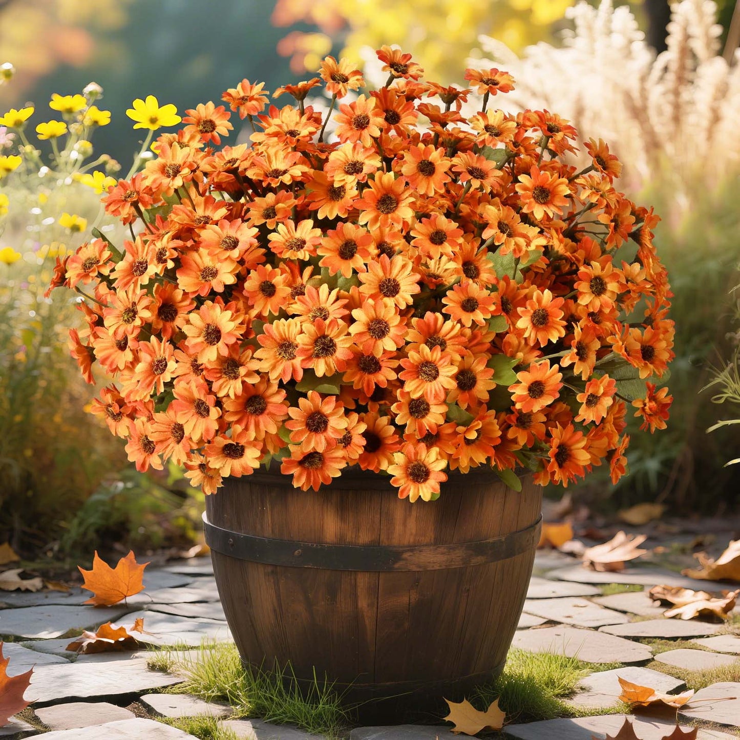 Lyacmy Fake Mums,6 Bouquets Artificial Fall Flowers,Orange Daisy Decoration for Home Decor Garden Porch Fall Decoration