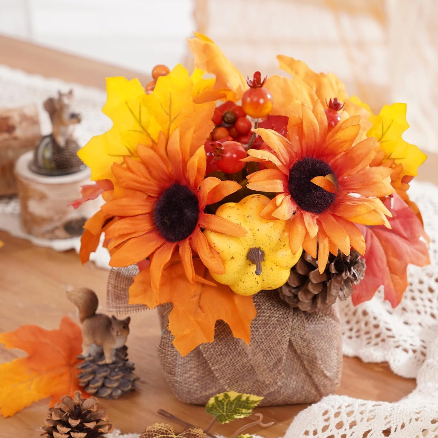 Waipfaru Fall Decorations for Desktop,2Pcs Artificial Fall Flowers with Burlap Base, Fall Leaves Sunflower Decor Thanksgiving Decorations, Fall Centerpieces for Tables