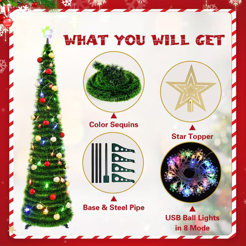 Waipfaru 5ft Pop up Christmas Tree with 3D Star 30 Ball Ornament, Artificial Collapsible Pencil Tinsel Xmas Tree for Christmas Decoration