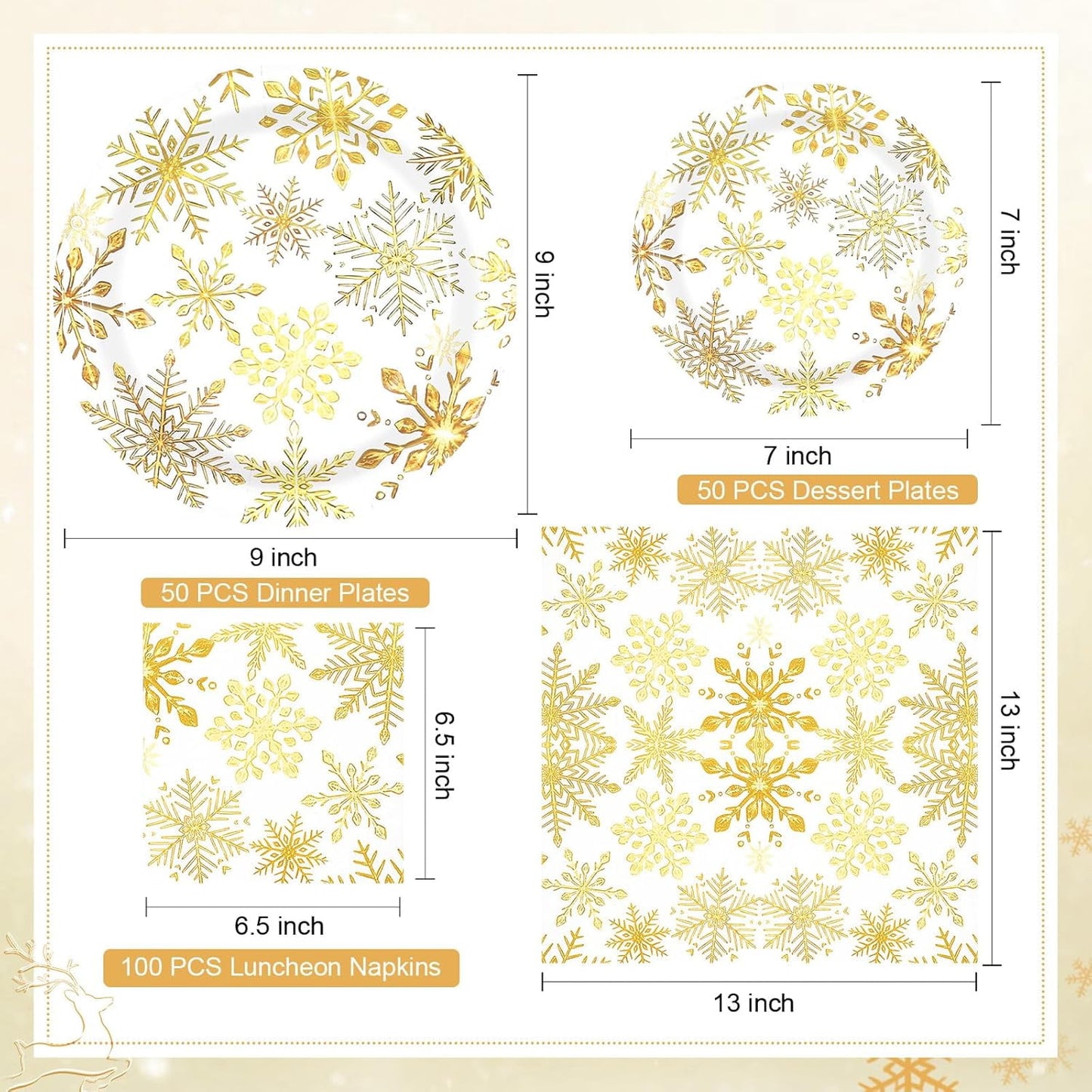 Waipfaru 200 PCS Christmas Party Supplies Disposable Plates Napkins Set,Gold Christmas Tableware Set Dinner Lunch Dessert Appetizer Decoration Xmas Party, Serve 50