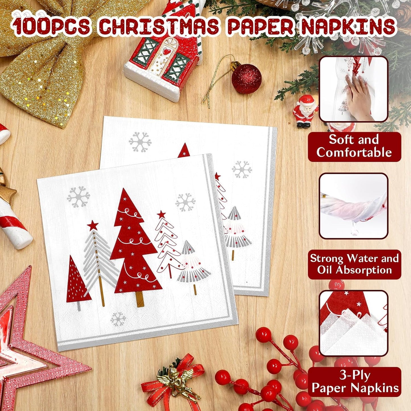 Waipfaru 200 PCS Christmas Paper Plates and Napkins Disposable, Christmas Poinsettia Printed Round Disposable Plates for Christmas Holiday Dinner Birthday Party Supplies