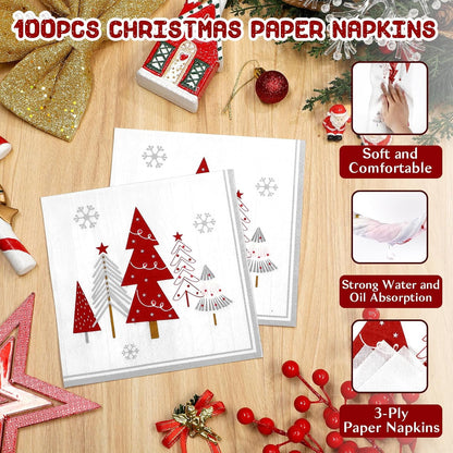 Waipfaru 200 PCS Christmas Paper Plates and Napkins Disposable, Christmas Poinsettia Printed Round Disposable Plates for Christmas Holiday Dinner Birthday Party Supplies