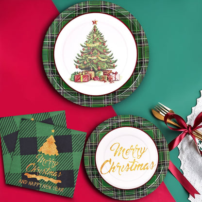 Waipfaru 200 Pcs Merry Christmas Dinnerware Set,Christmas Tree Paper Plates, Napkins & Party Supplies for 50 Guests