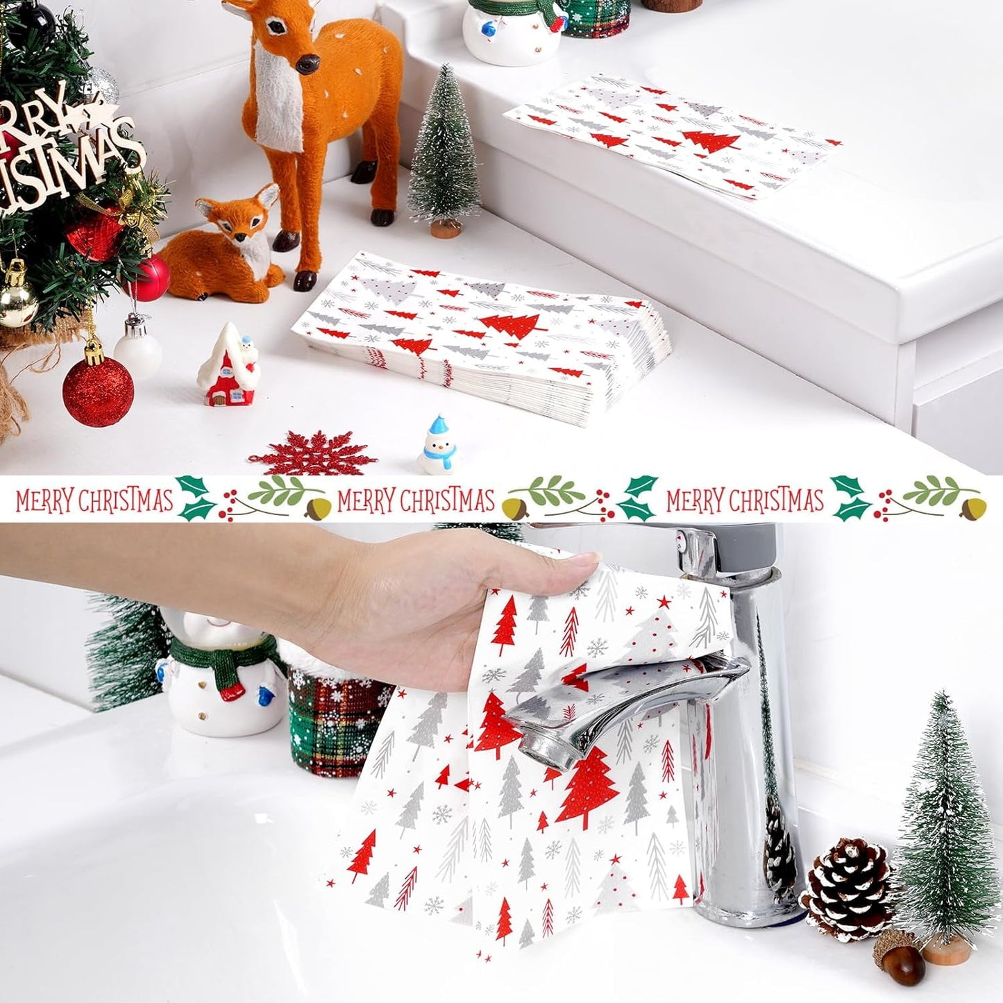 Waipfaru 100 PCS Christmas Paper Napkins 3-Ply Christmas Tree Disposable Napkins for Xmas Winter Holiday