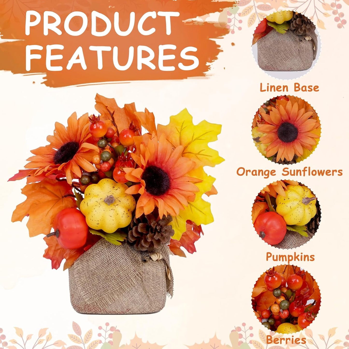 Waipfaru Fall Decorations for Desktop,2Pcs Artificial Fall Flowers with Burlap Base, Fall Leaves Sunflower Decor Thanksgiving Decorations, Fall Centerpieces for Tables