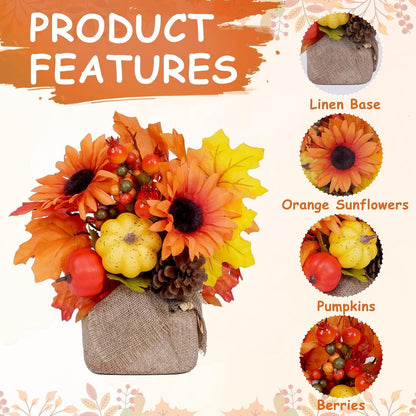 Waipfaru Fall Decorations for Desktop,2Pcs Artificial Fall Flowers with Burlap Base, Fall Leaves Sunflower Decor Thanksgiving Decorations, Fall Centerpieces for Tables