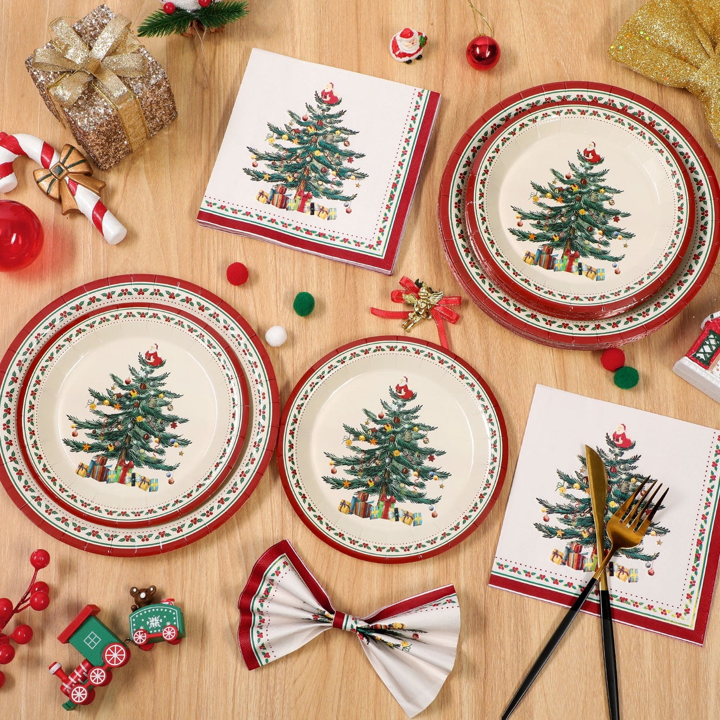 Waipfaru 200 Pcs Merry Christmas Dinnerware Set,Christmas Tree Paper Plates, Napkins & Party Supplies for 50 Guests