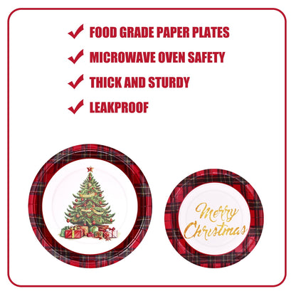 Waipfaru 200 Pcs Merry Christmas Dinnerware Set,Christmas Tree Paper Plates, Napkins & Party Supplies for 50 Guests