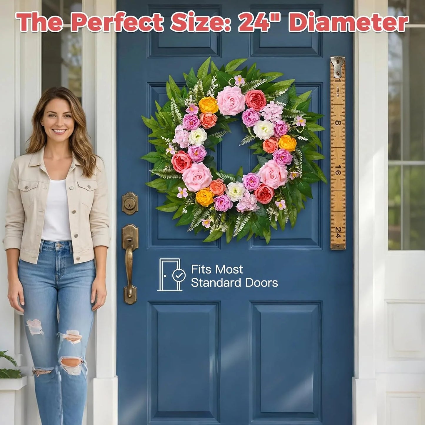Yastouay 24 Inch Spring Wreath for Front Door, Summer Wreath With Artificial Hydrangeas and Peony for Farmhouse Decor