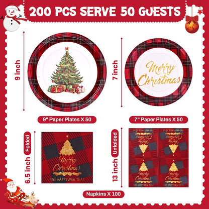Waipfaru 200 Pcs Merry Christmas Dinnerware Set,Christmas Tree Paper Plates, Napkins & Party Supplies for 50 Guests