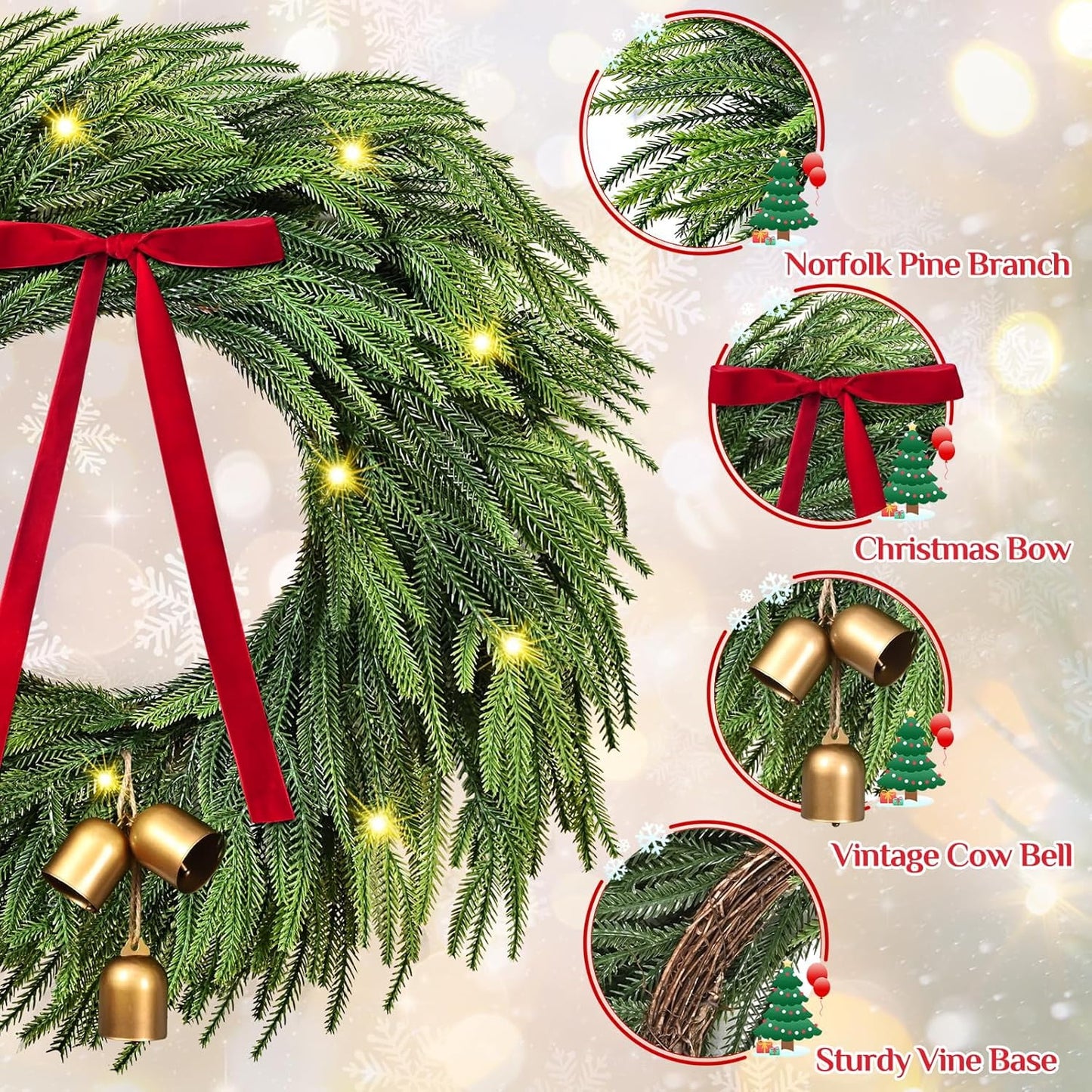 Waipfaru Norfolk Christmas Wreath with Lights,24 inch Pre-lit Artificial Holiday Wreath with Bow & Bells, Battery Operated, Front Door Christmas Decorations Indoor Outdoor