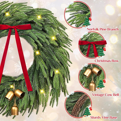 Waipfaru Norfolk Christmas Wreath with Lights,24 inch Pre-lit Artificial Holiday Wreath with Bow & Bells, Battery Operated, Front Door Christmas Decorations Indoor Outdoor