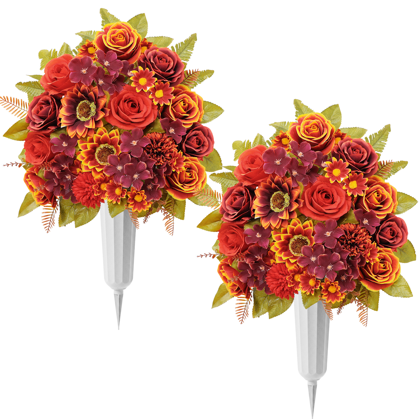 Yastouay 2 Sets Artificial Cememtery Flowers for Grave, Realistic Silk Memorial Flowers Bouquet with Vase for Grave Decoration