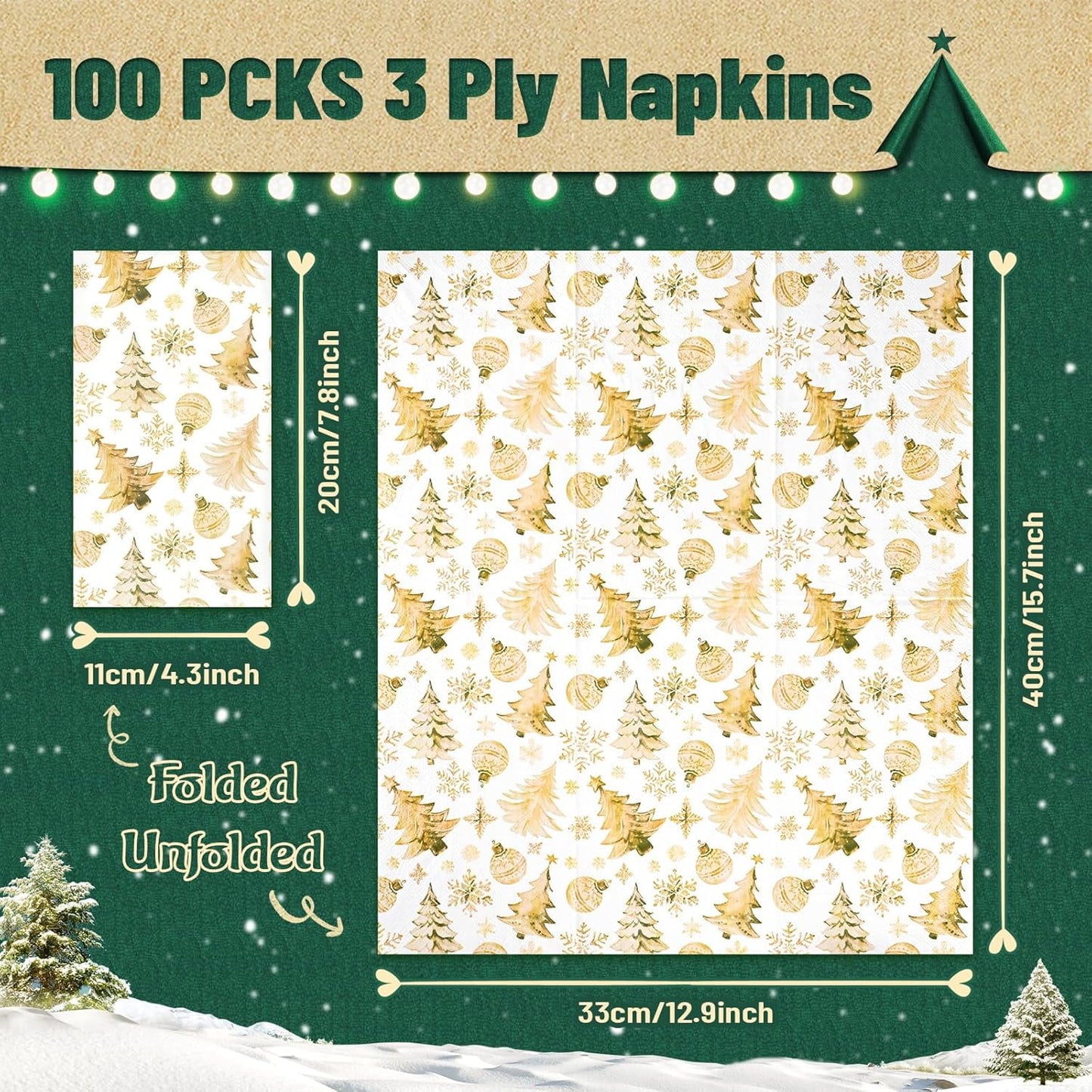 Waipfaru 100 PCS Christmas Paper Napkins 3-Ply Gold Snowflake Disposable Paper Hand Towels for Xmas Winter Holiday