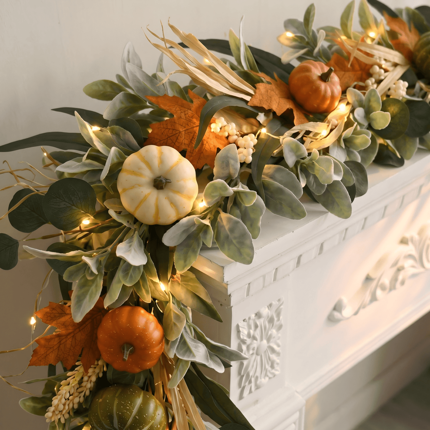 Yastouay 6 FT Fall Garland with Light, Fall Decorations with Faux Lamb's Ear Pumpkins for Home Porch Fireplace