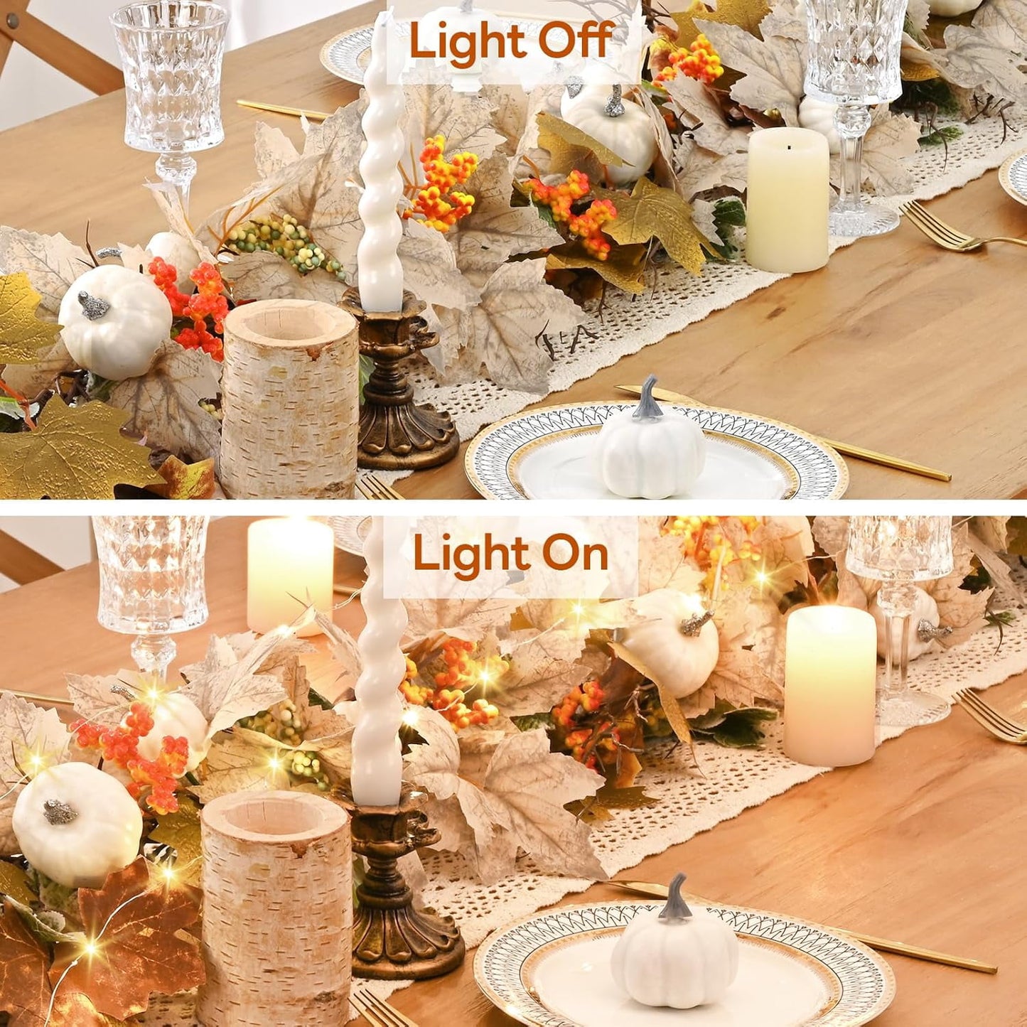Waipfaru Lighted Fall Garland with Maple Leaves White Pumpkins Berry,6FT Artificial Autumn Fall Decor for Thanksgiving