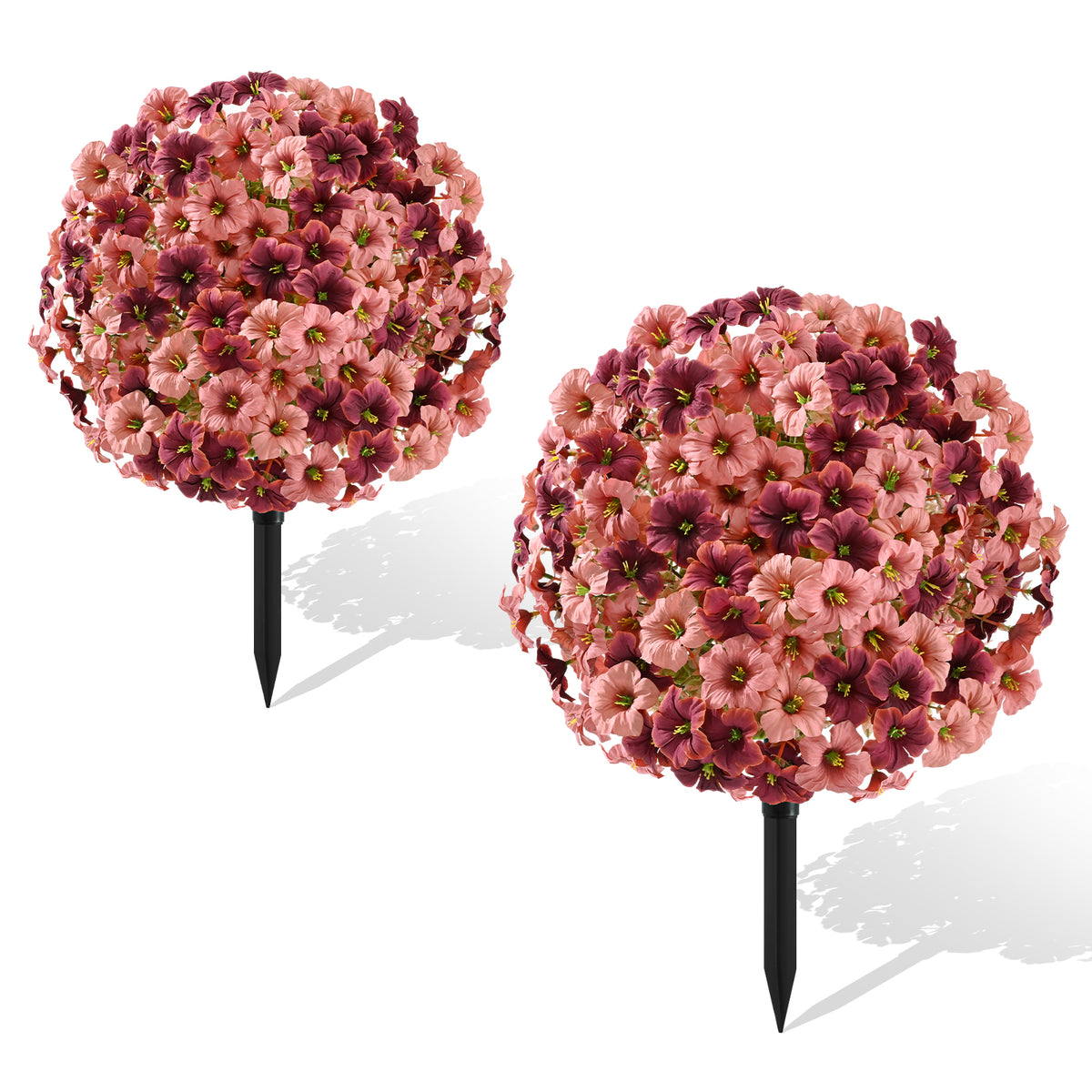 Yastouay 2 Packs Artificial Flowers Topiary Balls with Ground Spikes,23 Inch UV Resistant Faux Boxwood with Petunias Flowers for Outdoor Garden Decor(Mixed Purple)