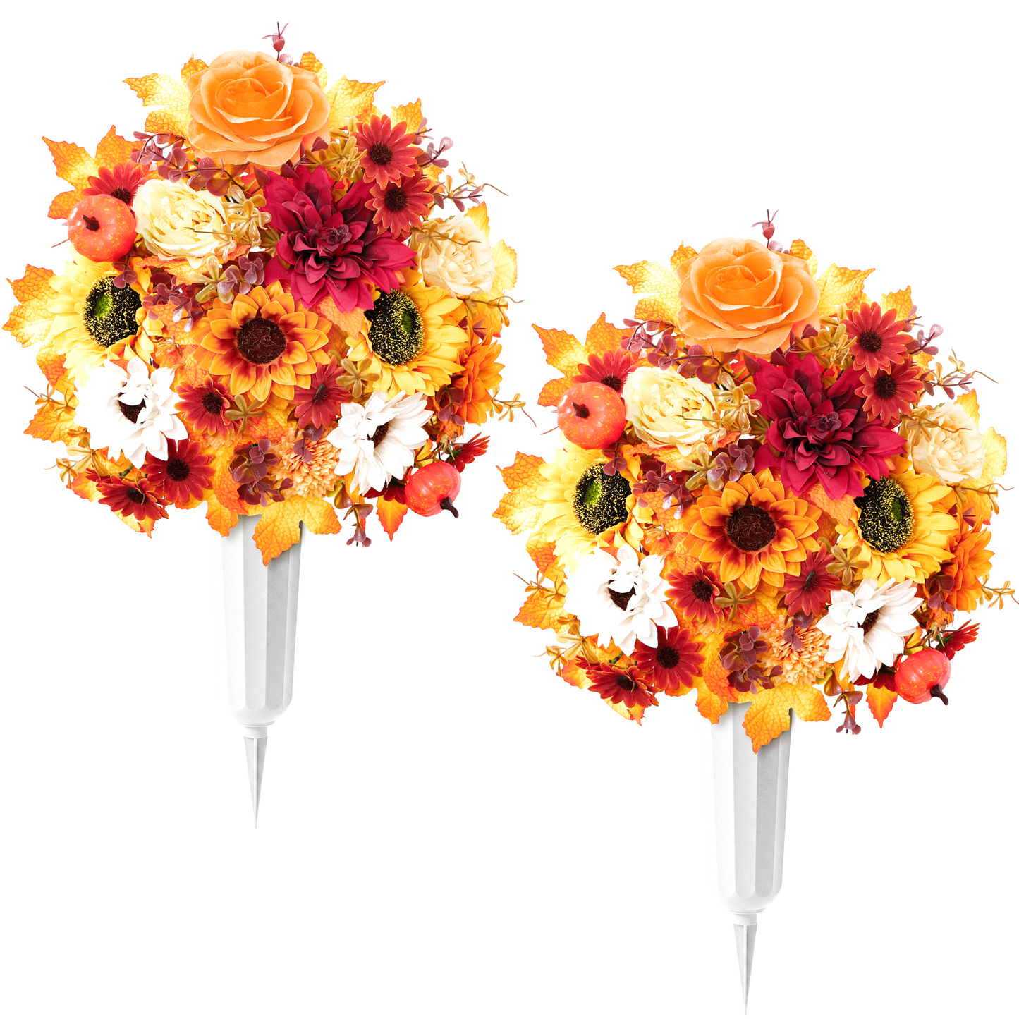 Yastouay 2 Sets Artificial Cememtery Flowers for Grave, Realistic Silk Memorial Flowers Bouquet with Vase for Grave Decoration