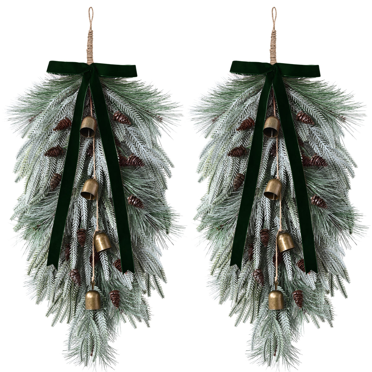 Yastouay 2 Pack 28in Christmas Swag , Artificial Norfolk Pine Door Swag with Red Velvet Bow Bells Pinecones for Indoor Outdoor Christmas Decor