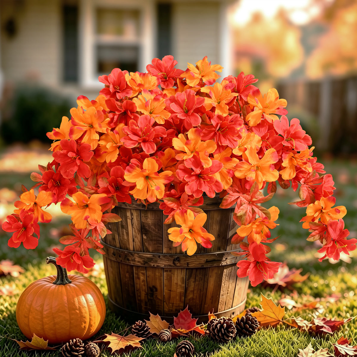 Yastouay 2 Large Bundles Artificial Fall Flowers for Outdoors, UV Resistant Silk Flowers Faux Azalea for Garden Porch Patio Decor(Yellow,Orange)